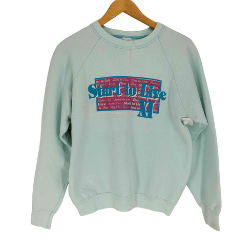 フルーツオブザルーム FRUIT OF THE LOOM MADE IN USA START TO LIVE フロッキープリントラグランスウェット メンズ M