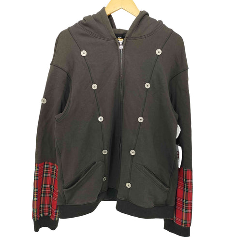 袖タータンチェック切替 ボタンデザイン ジップアップ パーカー メンズ import:XL