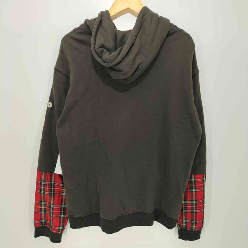 袖タータンチェック切替 ボタンデザイン ジップアップ パーカー メンズ import:XL