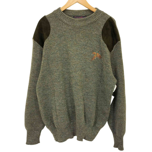 Step-Ahead 英国製 PURE NEW WOOL バード アニマル 刺繍 スウェードパッチ クルーネック ウール ニット メンズ