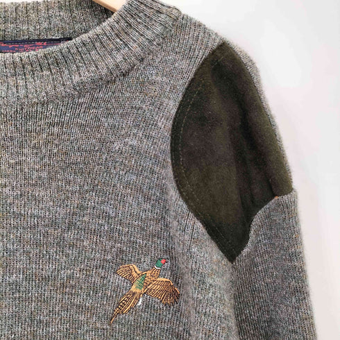 Step-Ahead 英国製 PURE NEW WOOL バード アニマル 刺繍 スウェードパッチ クルーネック ウール ニット メンズ