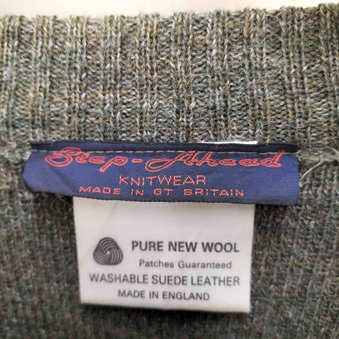 Step-Ahead 英国製 PURE NEW WOOL バード アニマル 刺繍 スウェードパッチ クルーネック ウール ニット メンズ