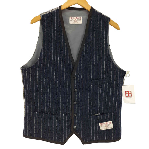 Harris Tweed ストライプ チェック 千鳥格子 胡桃ボタン ウール ベスト メンズ LL