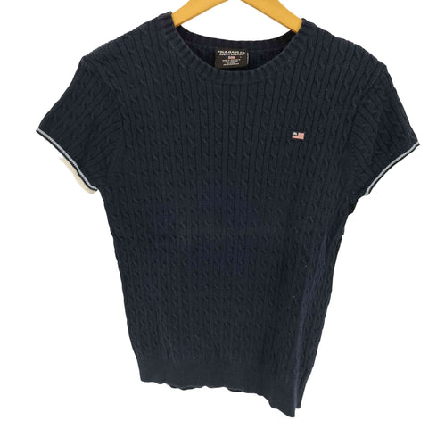 ポロジーンズカンパニーラルフローレン POLO JEANS COMPANY RALPH LAUREN 星条旗 ロゴ ケーブル リブライン フレンチスリーブ ニット Tシャツ レディース import:L