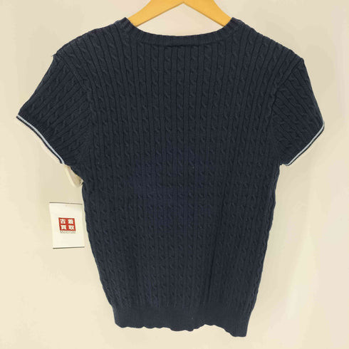 ポロジーンズカンパニーラルフローレン POLO JEANS COMPANY RALPH LAUREN 星条旗 ロゴ ケーブル リブライン フレンチスリーブ ニット Tシャツ レディース import:L