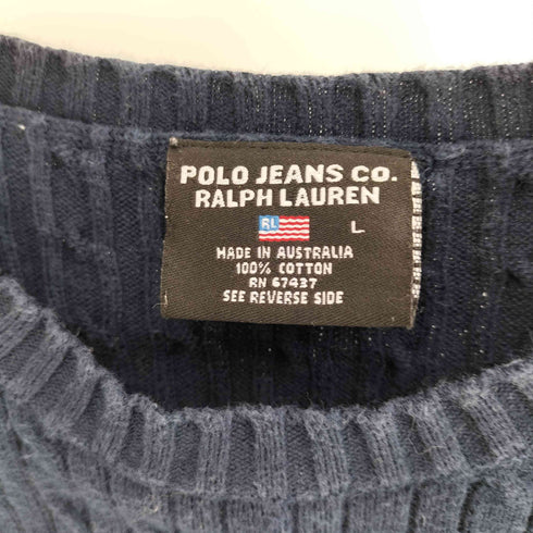 ポロジーンズカンパニーラルフローレン POLO JEANS COMPANY RALPH LAUREN 星条旗 ロゴ ケーブル リブライン フレンチスリーブ ニット Tシャツ レディース import:L