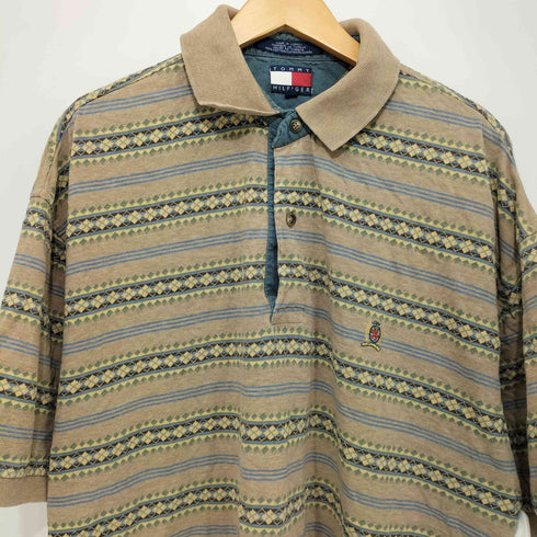 トミーヒルフィガー TOMMY HILFIGER 総柄 エンブレム刺繍ロゴ ポロシャツ メンズ L