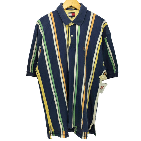 トミーヒルフィガー TOMMY HILFIGER エンブレム刺繍ロゴ マルチストライプ ポロシャツ メンズ XL
