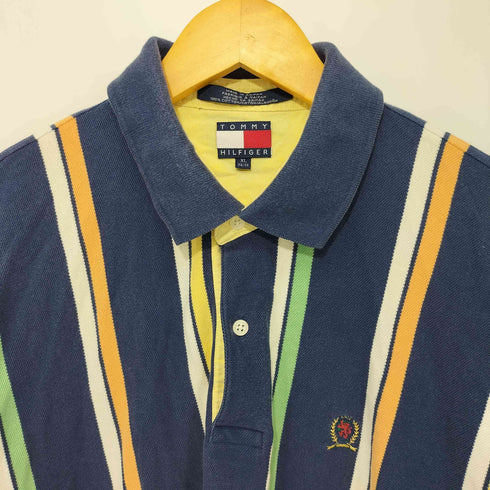 トミーヒルフィガー TOMMY HILFIGER エンブレム刺繍ロゴ マルチストライプ ポロシャツ メンズ XL