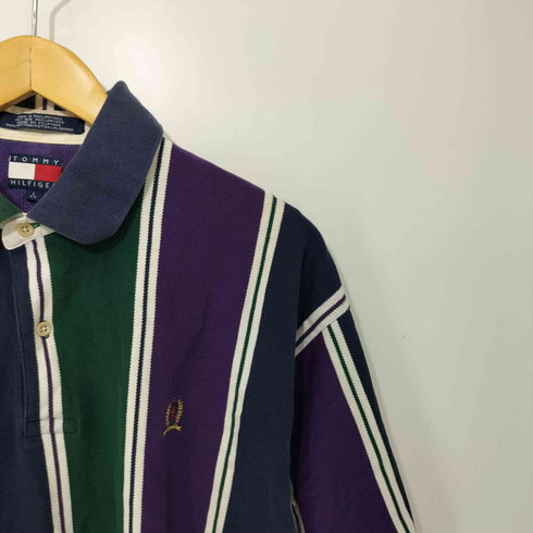トミーヒルフィガー TOMMY HILFIGER エンブレム刺繍ロゴ マルチストライプ ポロシャツ メンズ L