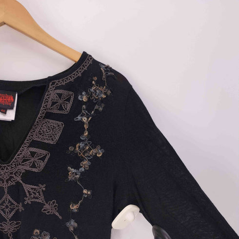 ジャンポールゴルチエ Jean Paul GAULTIER 刺繍 総柄 レーヨン コットン キュプラ ミックスファブリック バックオープン Vネック ニット カットソー レディース EUR:40