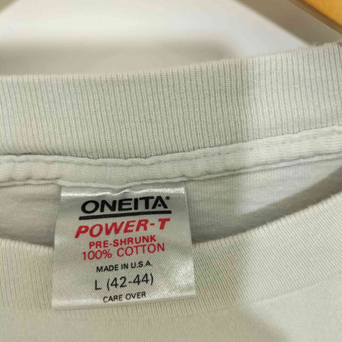 80-90S USA製 ONEITAボディ シングルステッチ フロント 国旗プリント クルーネック S/S Tシャツ メンズ import:L