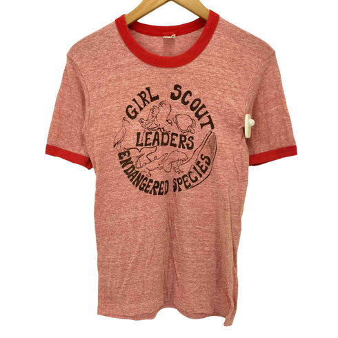 70S USA製 Hanes ボディ GIRL SCOUT LEADERS ENDANGERED SPECIES 染み込み プリント S/S トリム リンガー Tシャツ ユニセックス レディース import:S