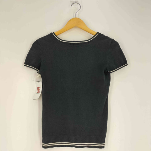 バーバリーブルーレーベル BURBERRY BLUE LABEL ロゴ ラインストーン装飾 コットン Vネック ニット Tシャツ レディース 38