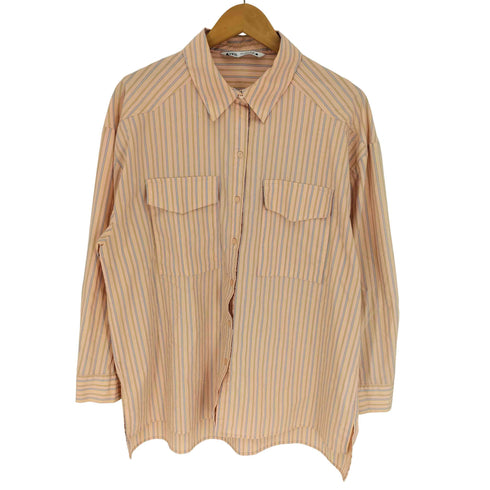 ザラ ZARA コットン ポリ フラップポケット L/S ストライプ シャツ レディース import:L