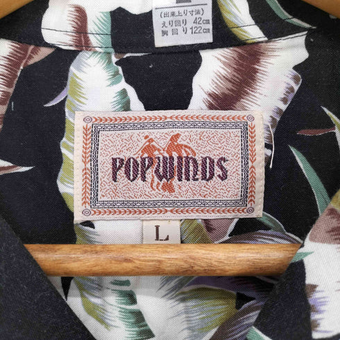 POPWINDS ボタニカル柄 ブラックレーヨン開襟アロハシャツ メンズ L