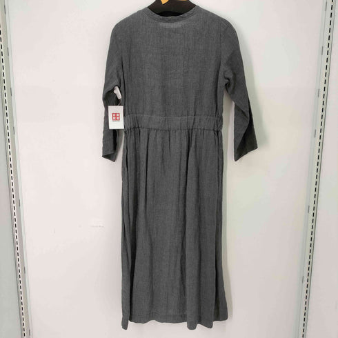 style+confort ストライプ ハーフボタン ノーカラーロングシャツワンピース レディース