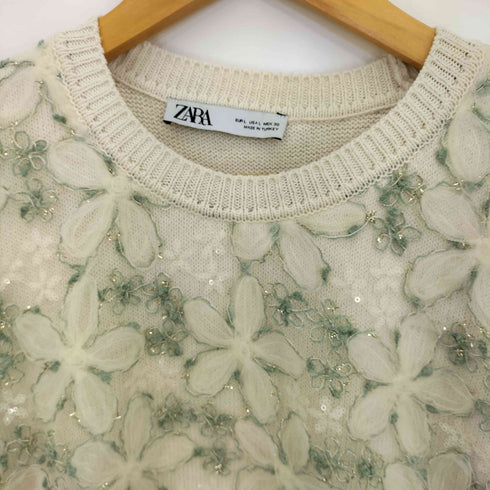 ザラ ZARA 花柄刺繍 スパンコール 半袖 ニット レディース import:L