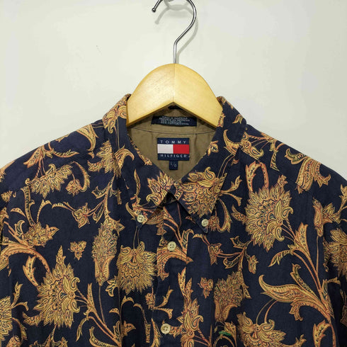 トミーヒルフィガー TOMMY HILFIGER コットンリネン 総柄 半袖 ボタンダウンシャツ メンズ import:L