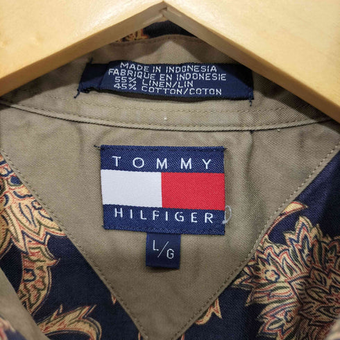 トミーヒルフィガー TOMMY HILFIGER コットンリネン 総柄 半袖 ボタンダウンシャツ メンズ import:L