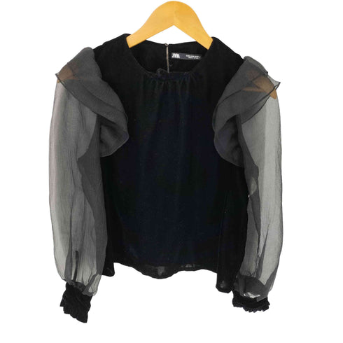 ザラ ZARA ベロア フリル シアー パフスリーブブラウス レディース import:M