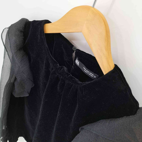 ザラ ZARA ベロア フリル シアー パフスリーブブラウス レディース import:M