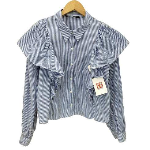 ザラ ZARA フリル クロップド ストライプ L/S シャツ ブラウス レディース import:M