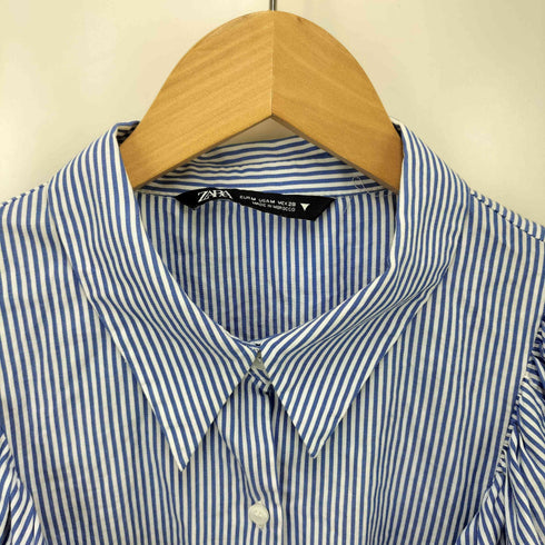 ザラ ZARA フリル クロップド ストライプ L/S シャツ ブラウス レディース import:M