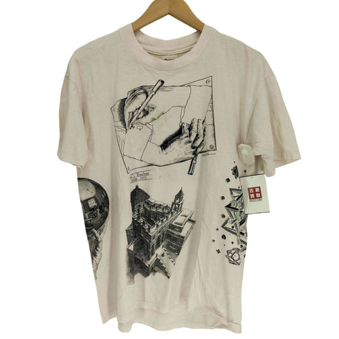80S USA製 STEDMANボディ 騙し絵 トロンプルイユ 総柄 プリント S/S クルーネック Tシャツ 袖シングルステッチ 89年製 メンズ import:L