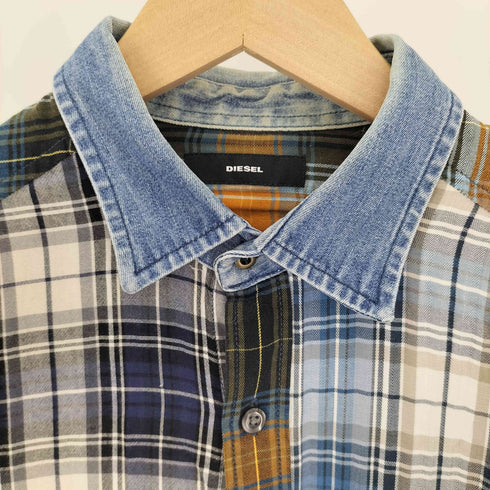 ディーゼル DIESEL クレイジーパターン ツギハギ パッチワーク デザイン デニム切替 レーヨン チェック シャツ メンズ import:M