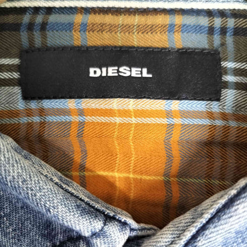 ディーゼル DIESEL クレイジーパターン ツギハギ パッチワーク デザイン デニム切替 レーヨン チェック シャツ メンズ import:M
