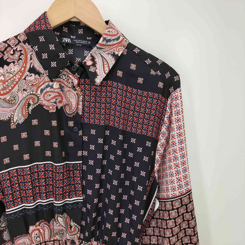 ザラ ZARA スカーフ ペイズリー シャツ ロング ワンピース レディース import:M