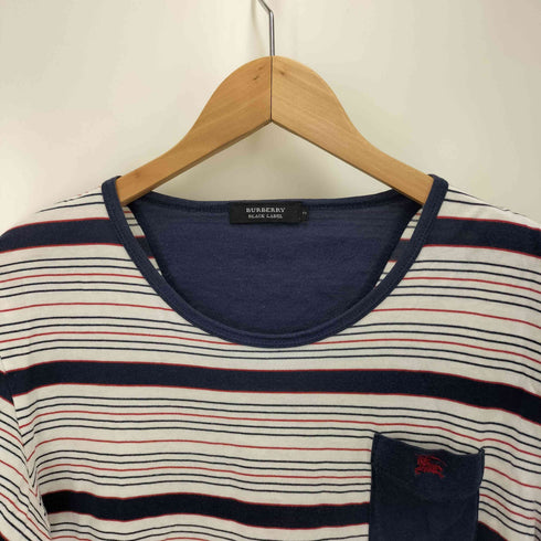 バーバリーブラックレーベル BURBERRY BLACK LABEL ワンポイント 刺繍 ポケット マルチ ボーダー S/S クルーネック Tシャツ メンズ JPN:2