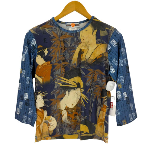 GIRL USA製 和柄 総柄 クルーネックストレッチTシャツ レディース import:L
