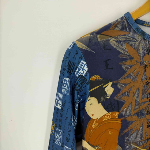 GIRL USA製 和柄 総柄 クルーネックストレッチTシャツ レディース import:L