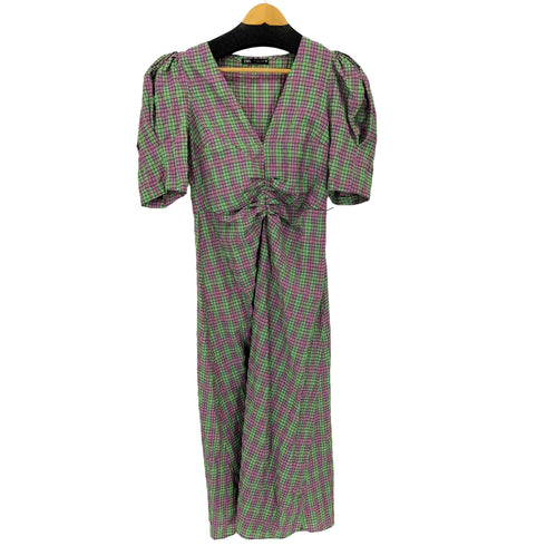 ザラ ZARA CHECK PRINT DRESS パフスリーブ Vネック ロングワンピース ドレス レディース L