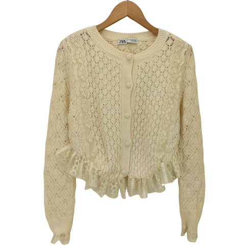 ザラ ZARA レースフリルニットカーディガン レディース import:M
