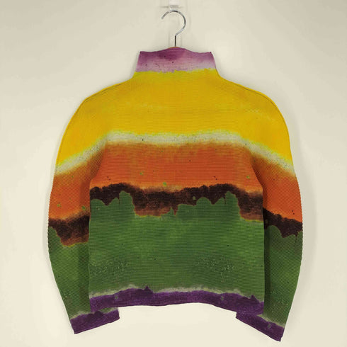 イッセイミヤケミー ISSEY MIYAKE me BLURRED STRIPE スプラッシュペインティング グラデーション ハイネック プリーツ ロングスリーブTシャツ レディース