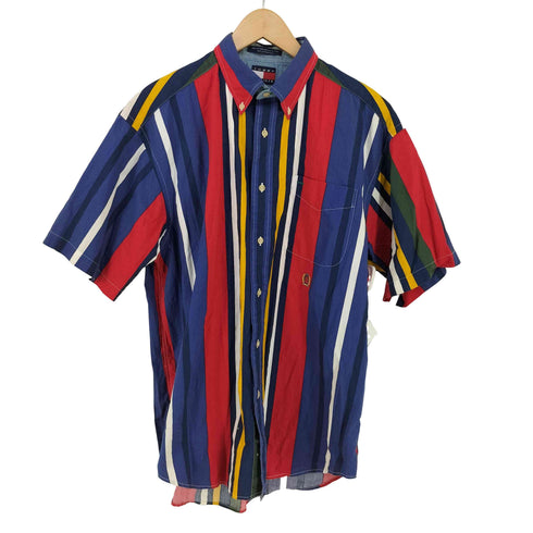 トミーヒルフィガー TOMMY HILFIGER エンブレム刺繍ロゴ マルチストライプ 半袖シャツ メンズ L