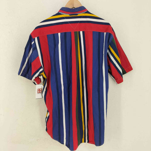トミーヒルフィガー TOMMY HILFIGER エンブレム刺繍ロゴ マルチストライプ 半袖シャツ メンズ L