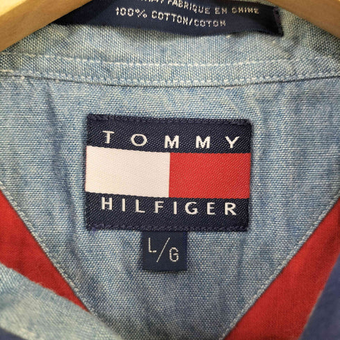 トミーヒルフィガー TOMMY HILFIGER エンブレム刺繍ロゴ マルチストライプ 半袖シャツ メンズ L