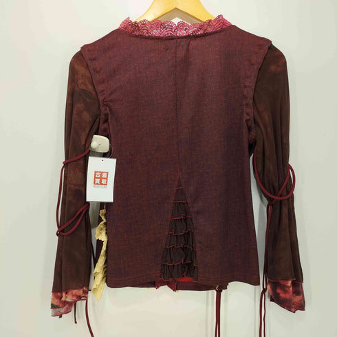 Ozzon Y2K フェアリーグランジ 異素材切替 総柄 フラワー刺繍 パワーネット ブラウス レディース