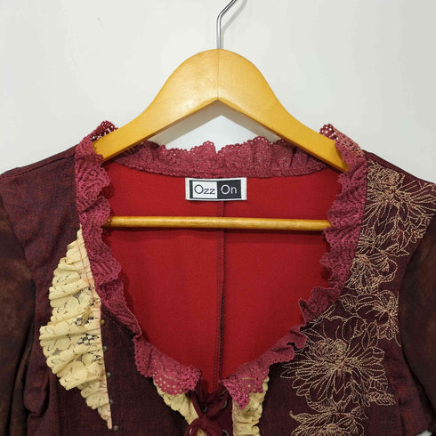 Ozzon Y2K フェアリーグランジ 異素材切替 総柄 フラワー刺繍 パワーネット ブラウス レディース