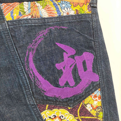 JUVENILE DELINQUENT 和柄刺繍切替 クロップドデニムパンツ メンズ US:32-33