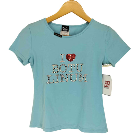 ディーアンドジードルチェアンドガッバーナ D&G DOLCE&GABBANA 90-00s I LOVE BOTULINUM スパンコールデザインボートネック 半袖Tシャツ カットソー Y2K レディース JPN:M