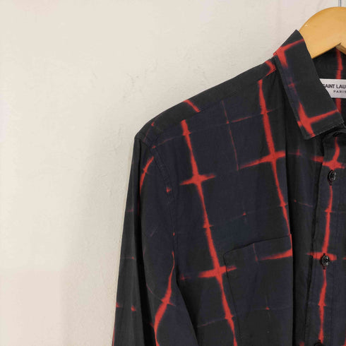サンローランパリ SAINT LAURENT PARIS 17SS 染めチェック柄 レギュラーカラーフロントポケット 長袖シャツ メンズ 38/15