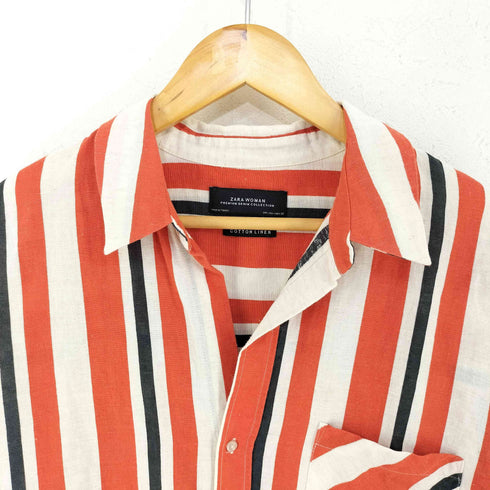 ザラ ZARA コットンリネン ストライプ シャツ レディース import:L