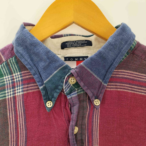 トミーヒルフィガー TOMMY HILFIGER エンブレム刺繍 リネンコットン 半袖チェックシャツ メンズ import:L