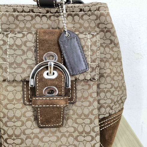 コーチ COACH スウェード切替 マイクロシグネチャーロゴ バックルポケットデザイントートバッグ レディース
