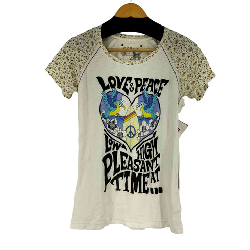 スカラー ScoLar 袖花柄 フロントプリント S/S ラグランTシャツ レディース JPN:M